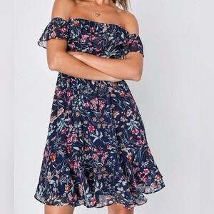 always yours navy blue floral print long sleeve skater dress Navy Blue Floral Print Long Sleeve Skater Dress | Womens | Small (Available in M, L) | 100% Polyester